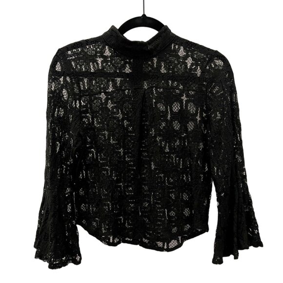 Beulah Style Black Lace Mock Neck top with Trumpet Sleeves - Size S - Picture 2 of 6